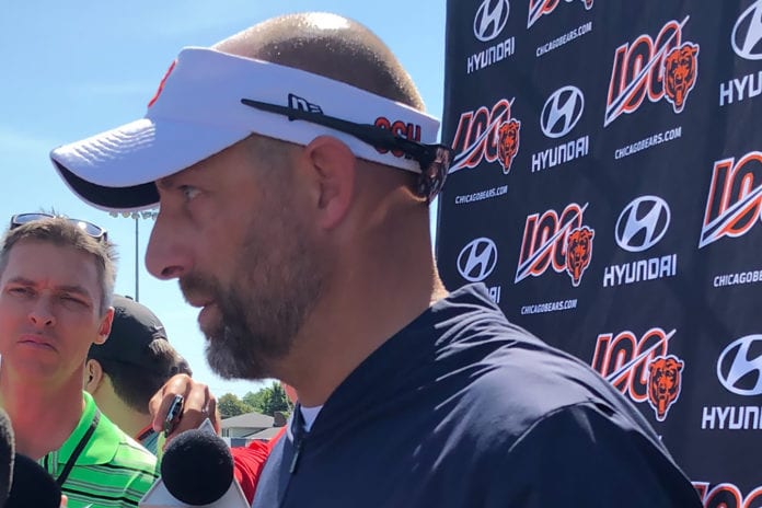 Head Coach Matt Nagy with reporters after Friday's Training Camp at Olivet